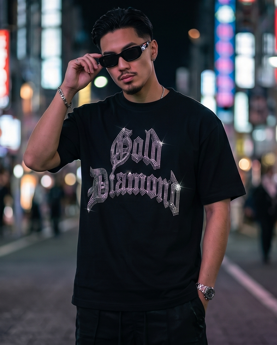 Gold Diamond Rhinestone Tee - Black