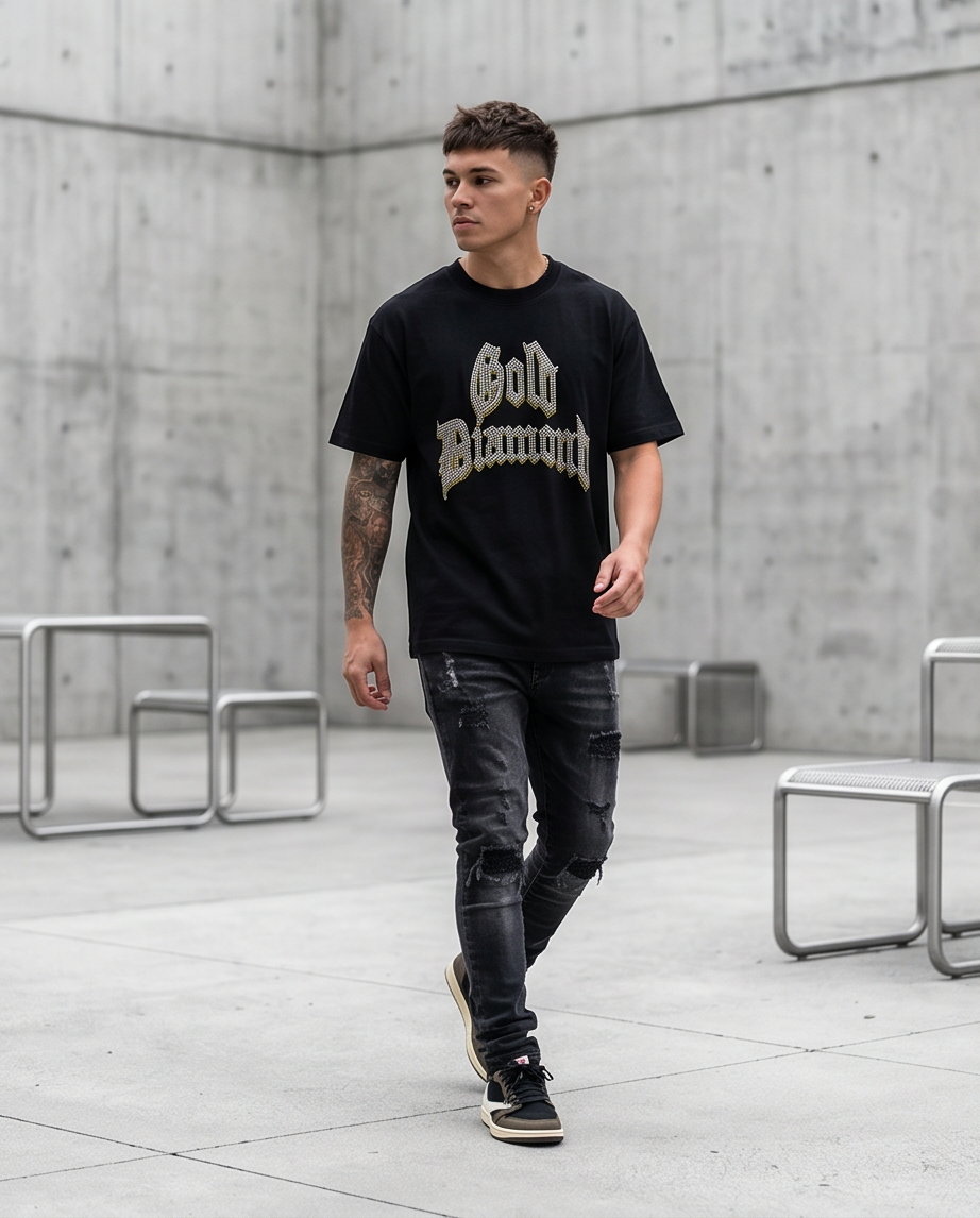 Gold Diamond Rhinestone Tee - Black